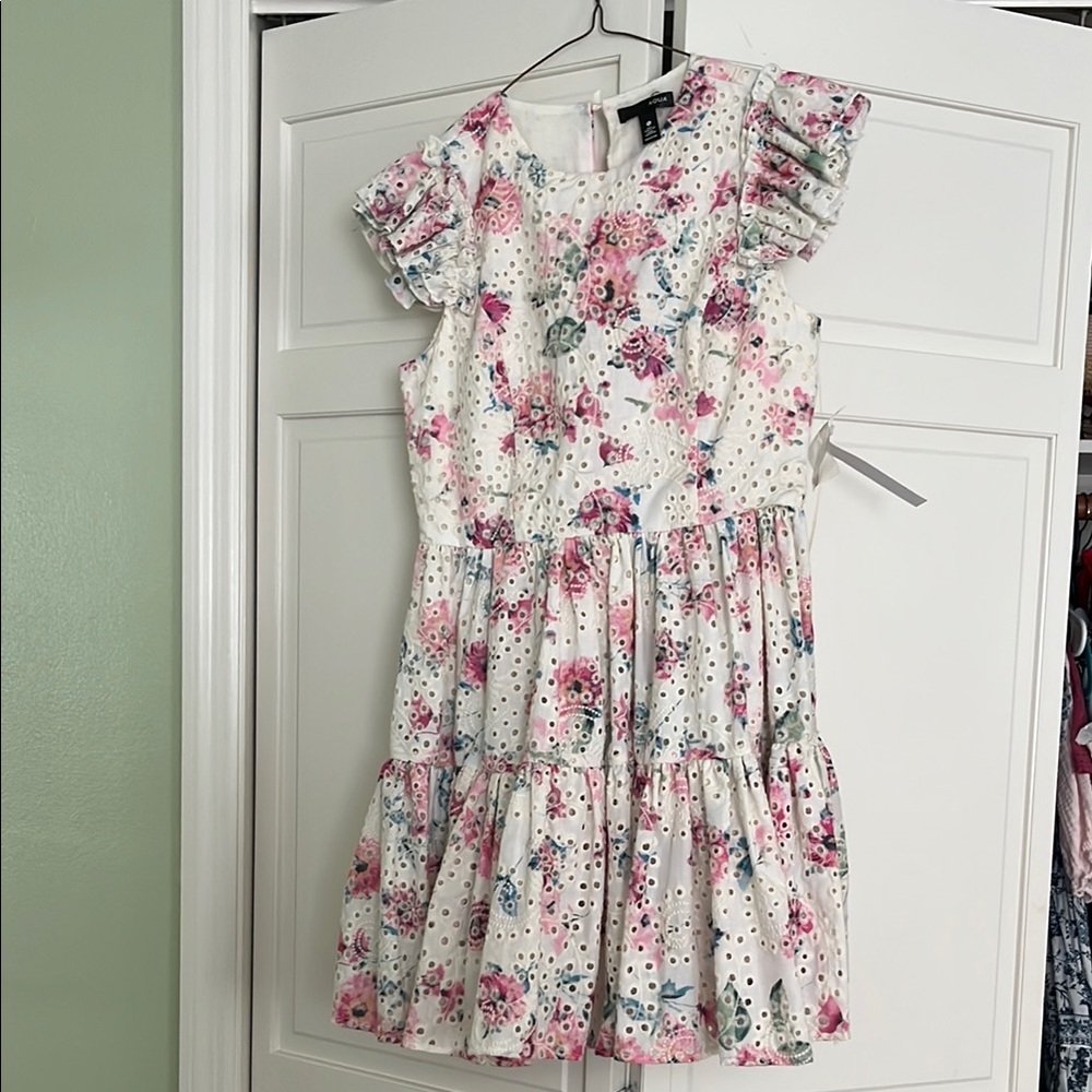 Aqua eyelet floral dress with ruffled sleeves